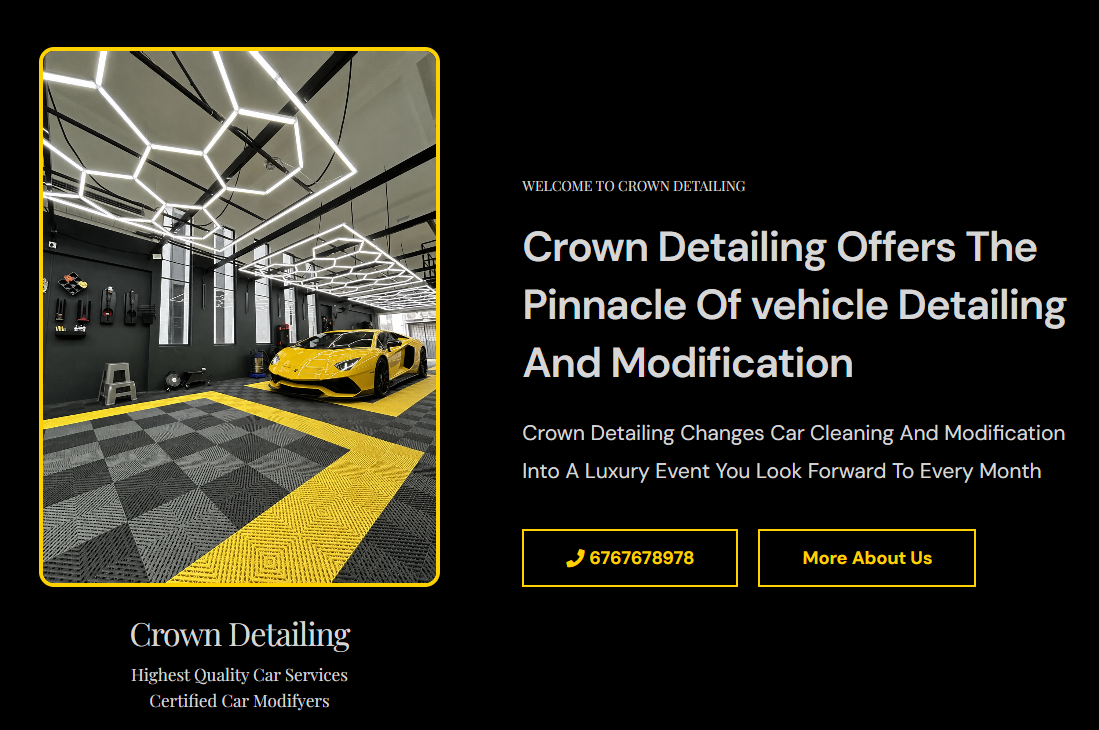 About us section on Crown Detailing including call button, more about us button and Lamborghini